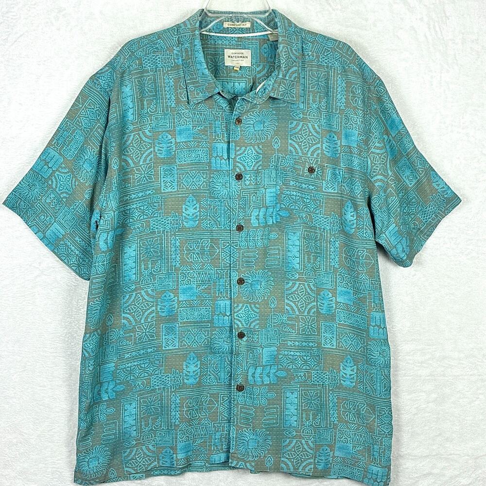 QuikSilver Waterman Shirt Mens XXL Green Gray Hawaiian Camp Aztec AOP Aloha Tiki